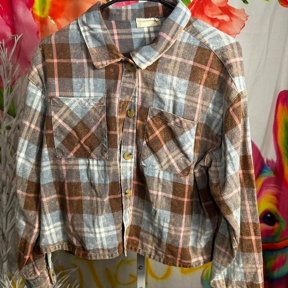 Altar'd State Tops - B177. Altar'd state brown + blue plaid button up shirt